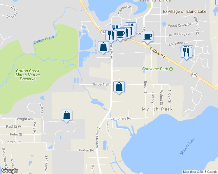 map of restaurants, bars, coffee shops, grocery stores, and more near 101 Timber Trail in Island Lake