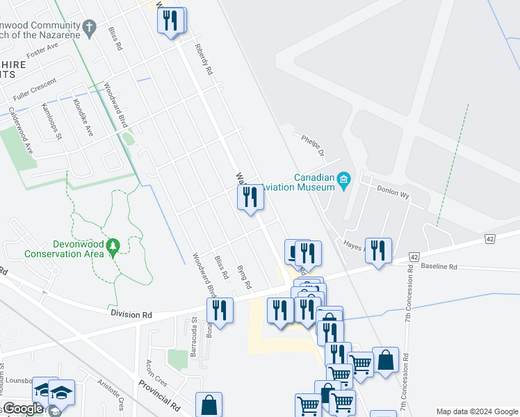 map of restaurants, bars, coffee shops, grocery stores, and more near 3864 Walker Road in Windsor
