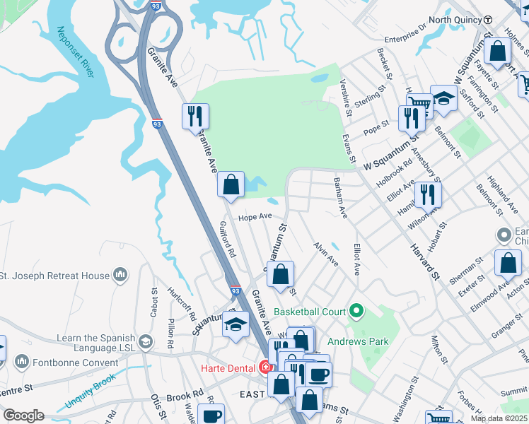 map of restaurants, bars, coffee shops, grocery stores, and more near 24 Hope Avenue in Milton
