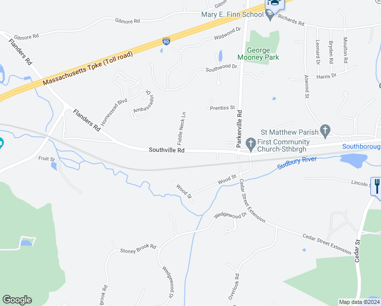 map of restaurants, bars, coffee shops, grocery stores, and more near 190 Southville Road in Southborough