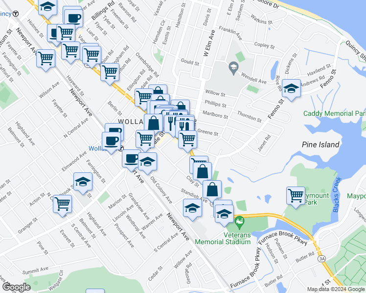 map of restaurants, bars, coffee shops, grocery stores, and more near 707 Hancock Street in Quincy