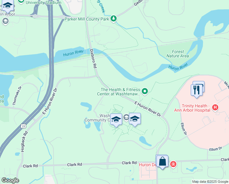 map of restaurants, bars, coffee shops, grocery stores, and more near 4833 East Huron River Drive in Ann Arbor