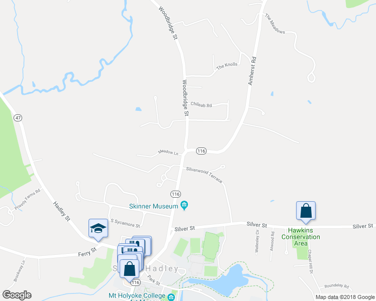 map of restaurants, bars, coffee shops, grocery stores, and more near 3 Amherst Road in South Hadley