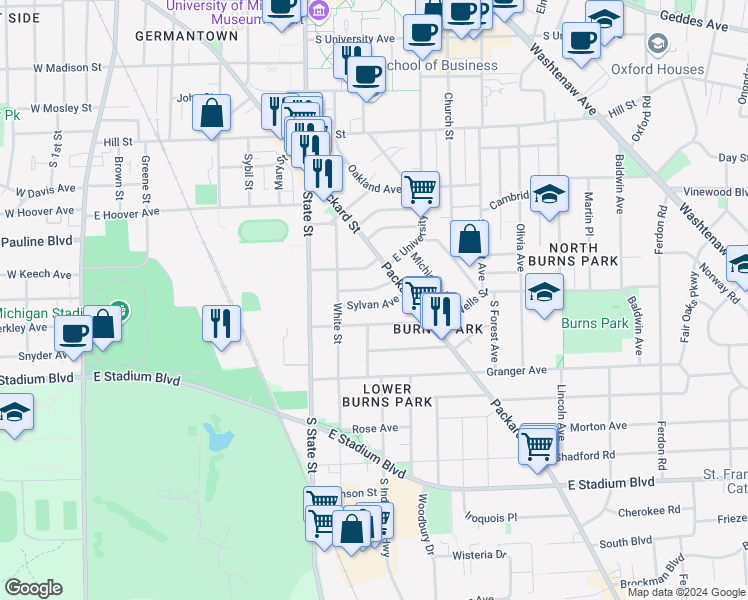 map of restaurants, bars, coffee shops, grocery stores, and more near 840 Brookwood Place in Ann Arbor