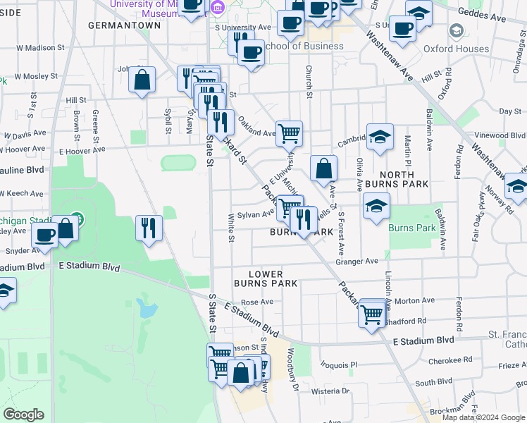 map of restaurants, bars, coffee shops, grocery stores, and more near 917 Sylvan Avenue in Ann Arbor