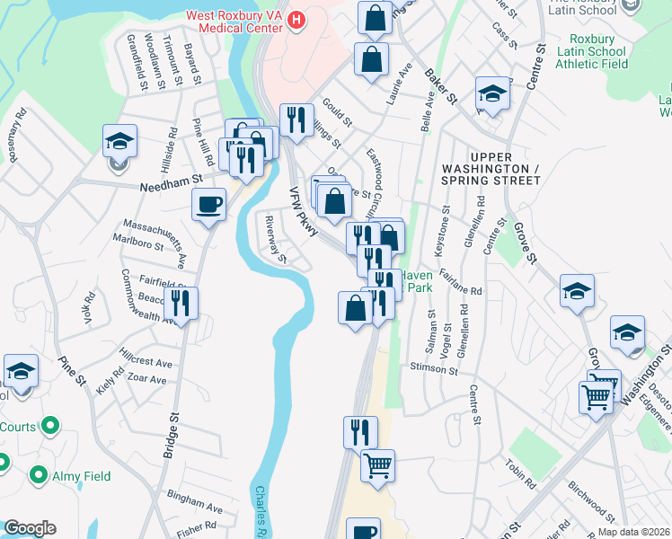 map of restaurants, bars, coffee shops, grocery stores, and more near 1575 VFW Parkway in Boston