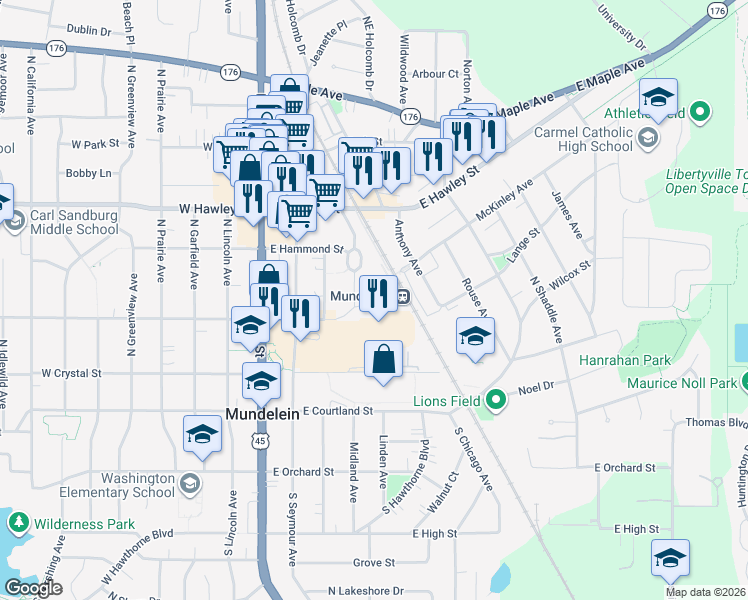 map of restaurants, bars, coffee shops, grocery stores, and more near 205 North Archer Avenue in Mundelein