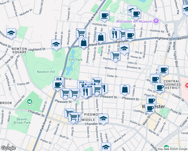 map of restaurants, bars, coffee shops, grocery stores, and more near 56 Cedar Street in Worcester