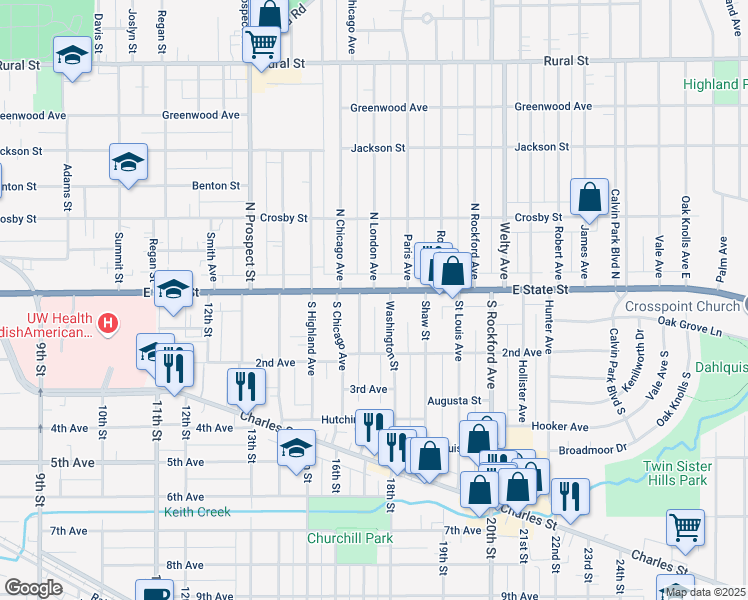 map of restaurants, bars, coffee shops, grocery stores, and more near in Rockford