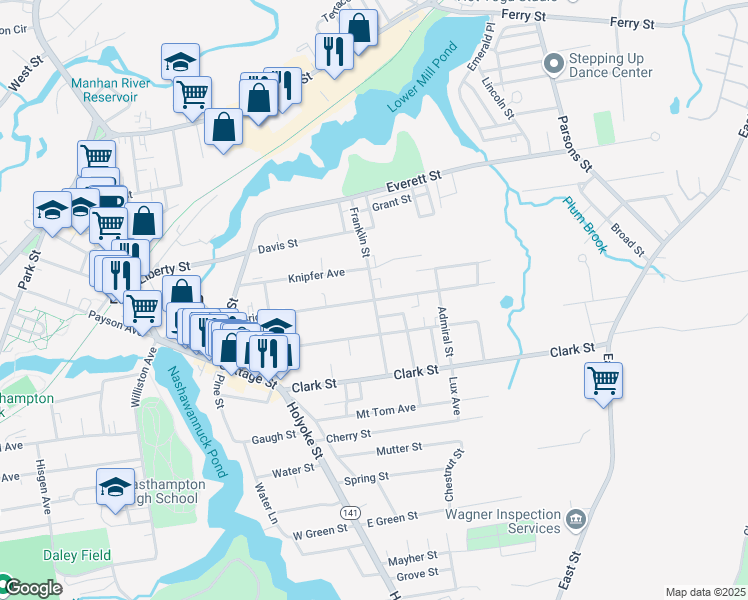 map of restaurants, bars, coffee shops, grocery stores, and more near 22 Franklin Street in Easthampton