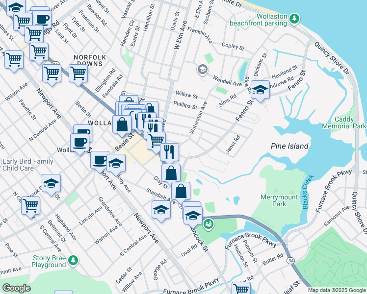 map of restaurants, bars, coffee shops, grocery stores, and more near 35A Waterston Avenue in Quincy