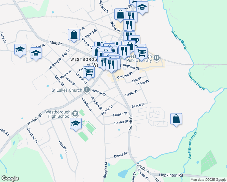 map of restaurants, bars, coffee shops, grocery stores, and more near 5 Cross Street in Westborough