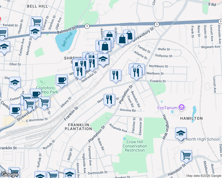 map of restaurants, bars, coffee shops, grocery stores, and more near 631 Franklin Street in Worcester