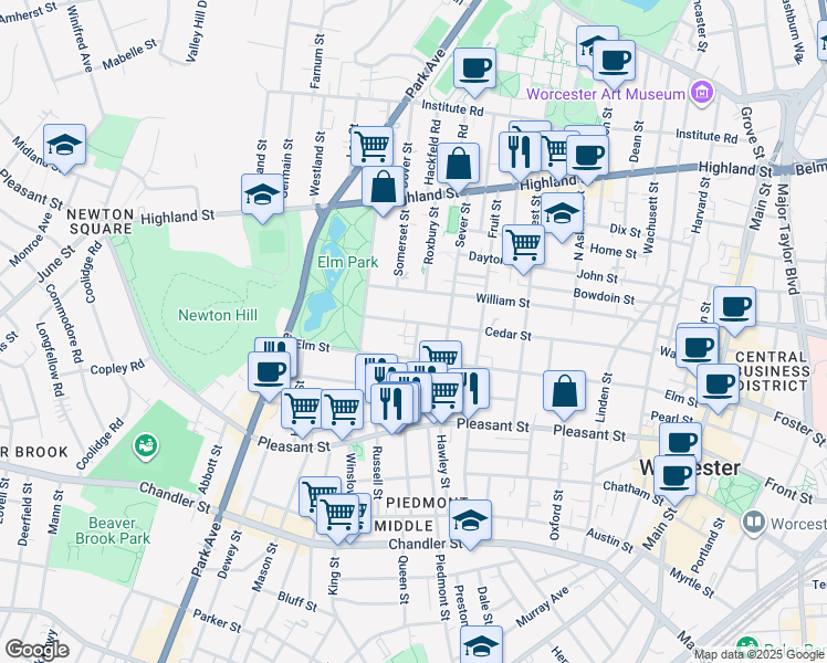 map of restaurants, bars, coffee shops, grocery stores, and more near 56 Cedar Street in Worcester