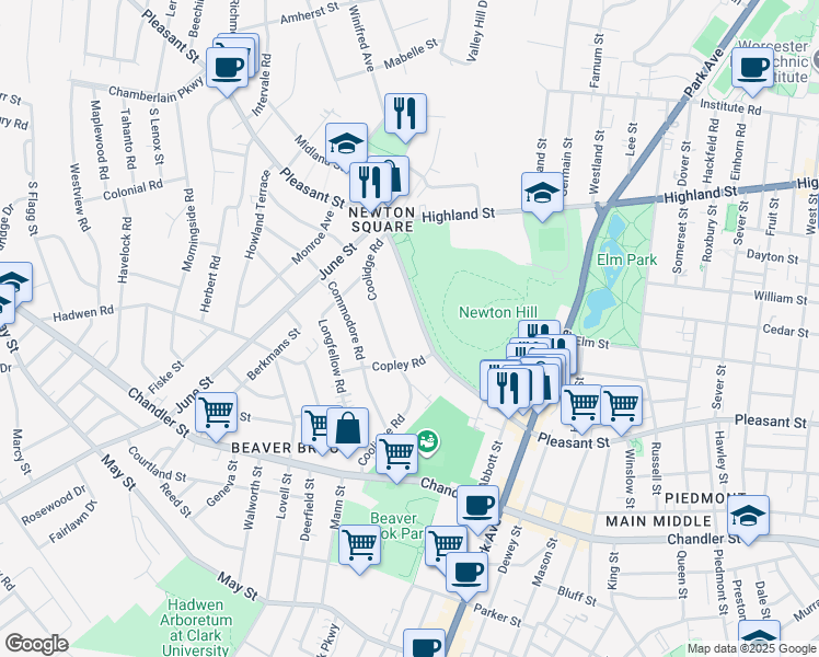 map of restaurants, bars, coffee shops, grocery stores, and more near 642 Pleasant Street in Worcester