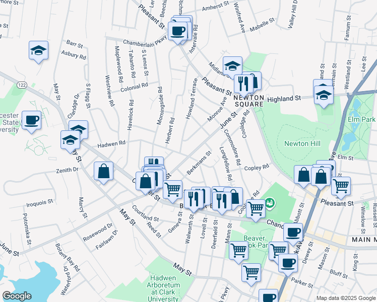 map of restaurants, bars, coffee shops, grocery stores, and more near 63 Howland Terrace in Worcester