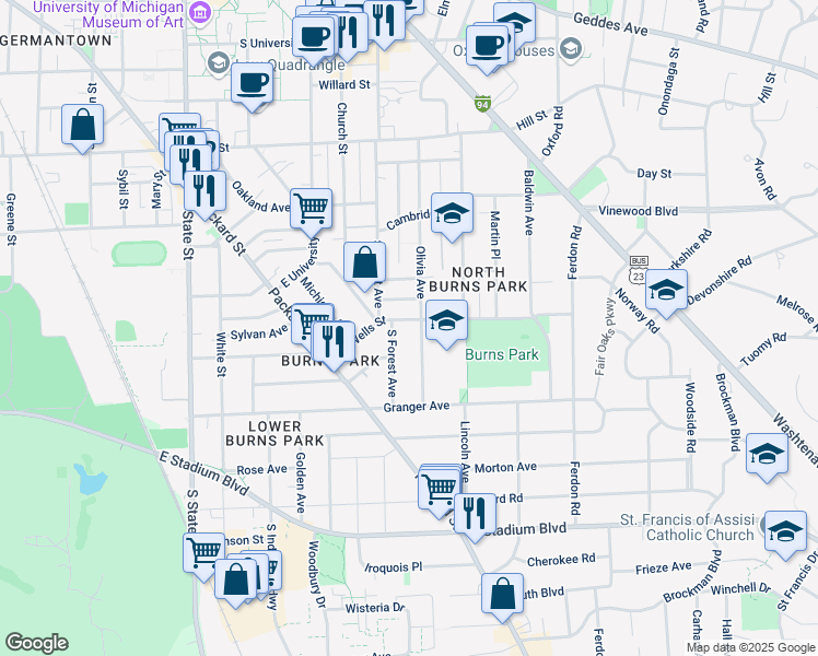 map of restaurants, bars, coffee shops, grocery stores, and more near 1130 Olivia Avenue in Ann Arbor