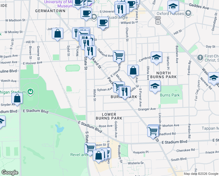 map of restaurants, bars, coffee shops, grocery stores, and more near 840 Brookwood Place in Ann Arbor