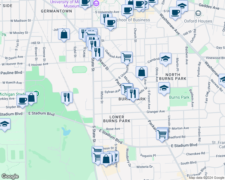map of restaurants, bars, coffee shops, grocery stores, and more near 840 Brookwood Place in Ann Arbor