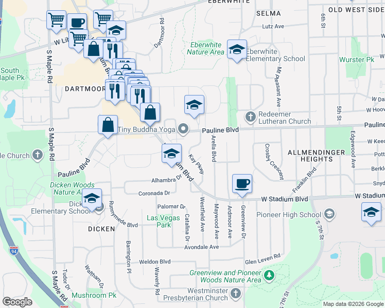 map of restaurants, bars, coffee shops, grocery stores, and more near 1131 Kay Parkway in Ann Arbor