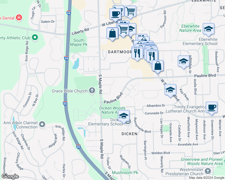 map of restaurants, bars, coffee shops, grocery stores, and more near 2120 Pauline Boulevard in Ann Arbor