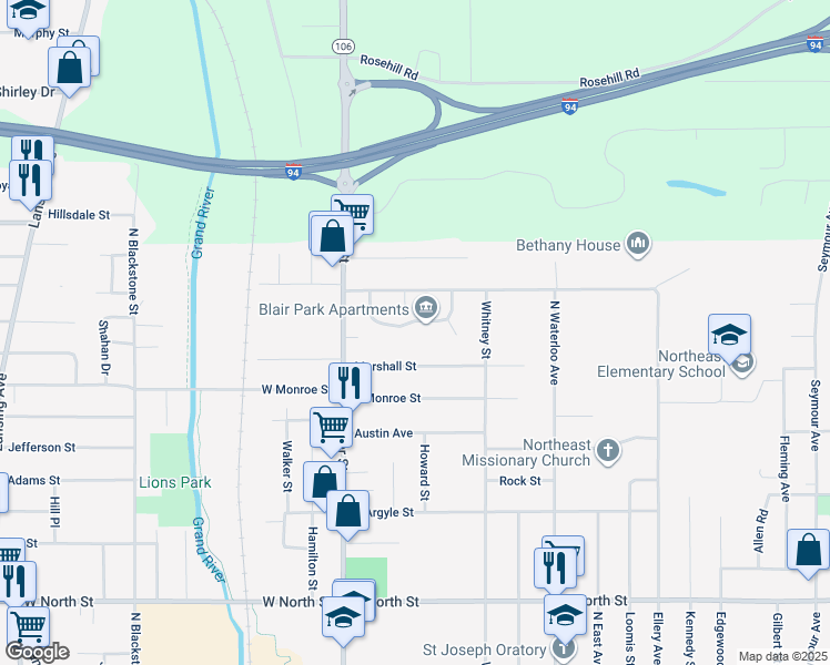 map of restaurants, bars, coffee shops, grocery stores, and more near 704 Blair Park Drive in Jackson