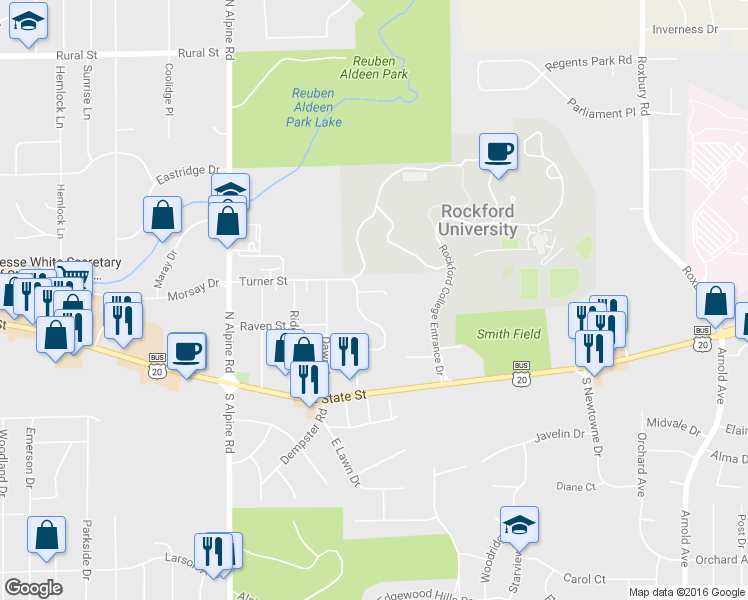 map of restaurants, bars, coffee shops, grocery stores, and more near 288 Flintridge Drive in Rockford
