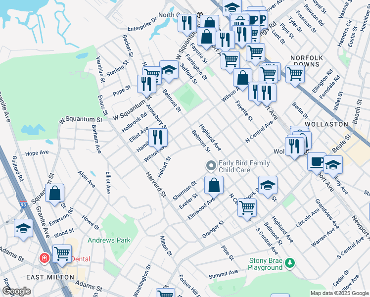 map of restaurants, bars, coffee shops, grocery stores, and more near 173 Hobart St in Quincy