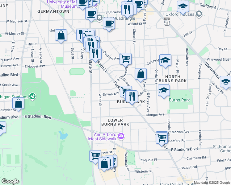 map of restaurants, bars, coffee shops, grocery stores, and more near 840 Brookwood Place in Ann Arbor