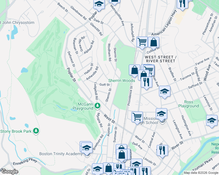 map of restaurants, bars, coffee shops, grocery stores, and more near 141 Sherrin Street in Boston