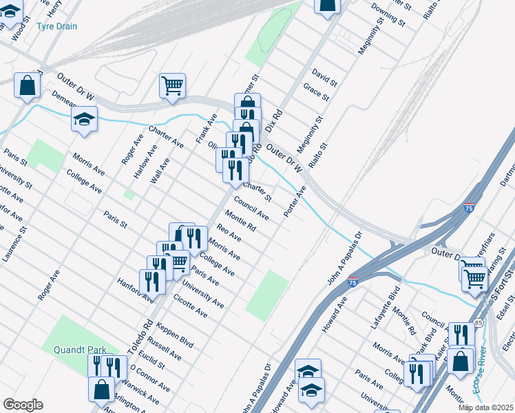 map of restaurants, bars, coffee shops, grocery stores, and more near 1859 Charter Street in Lincoln Park