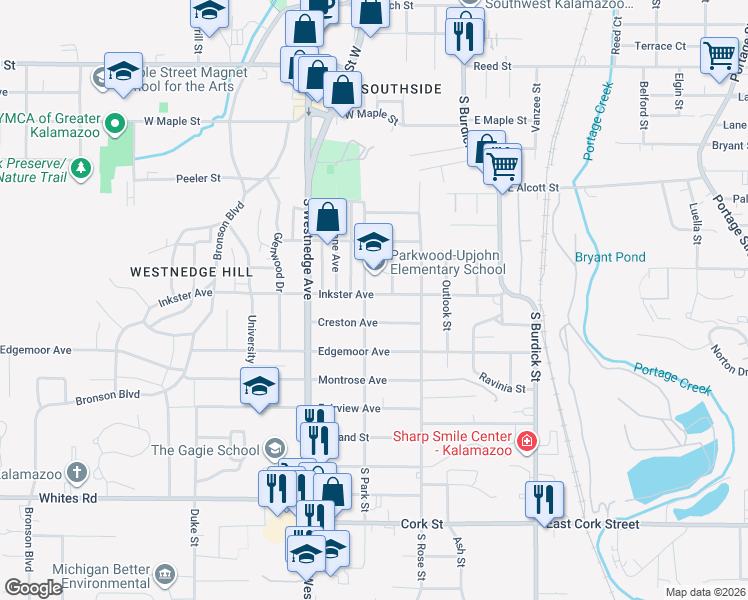 map of restaurants, bars, coffee shops, grocery stores, and more near 315 Inkster Avenue in Kalamazoo