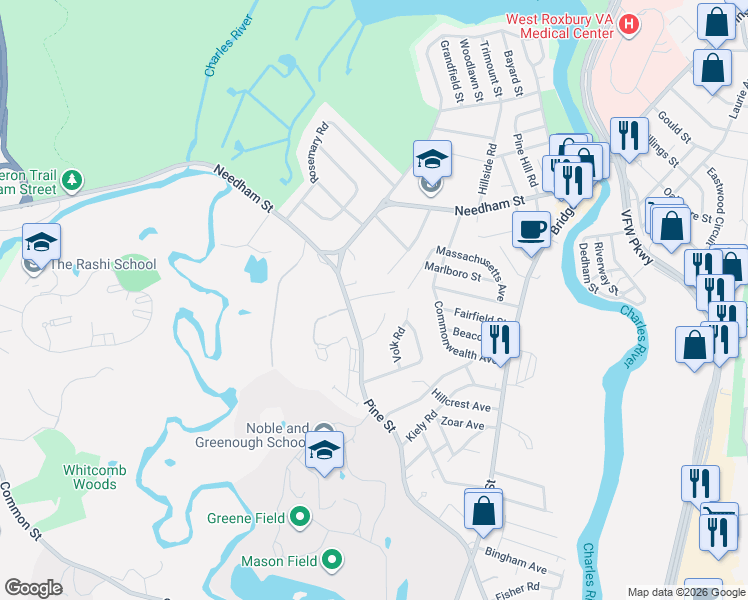 map of restaurants, bars, coffee shops, grocery stores, and more near 32 Eaton Road in Dedham