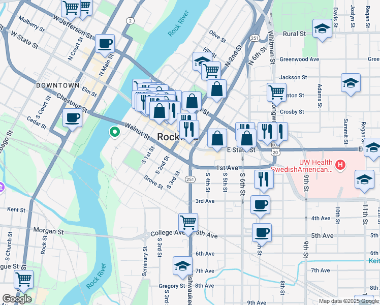 map of restaurants, bars, coffee shops, grocery stores, and more near 119 South 3rd Street in Rockford