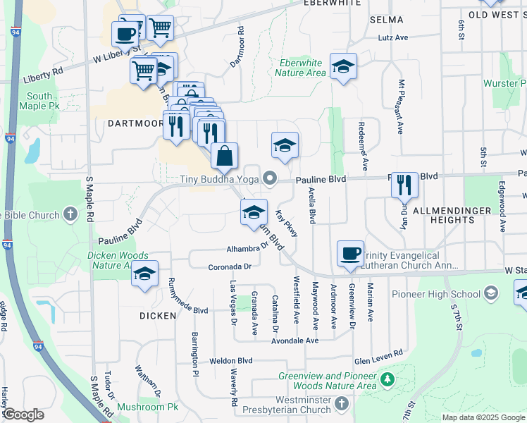 map of restaurants, bars, coffee shops, grocery stores, and more near 1828 Stadium Place in Ann Arbor