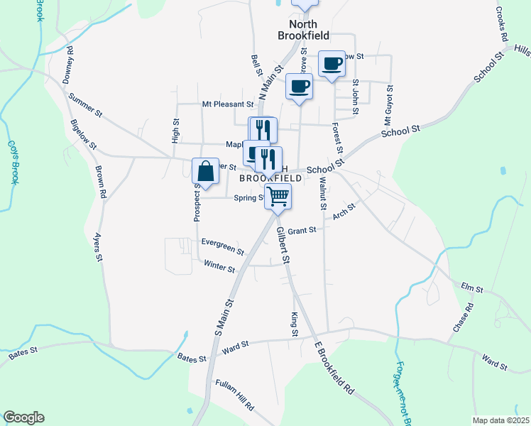 map of restaurants, bars, coffee shops, grocery stores, and more near 125 Massachusetts 67 in North Brookfield