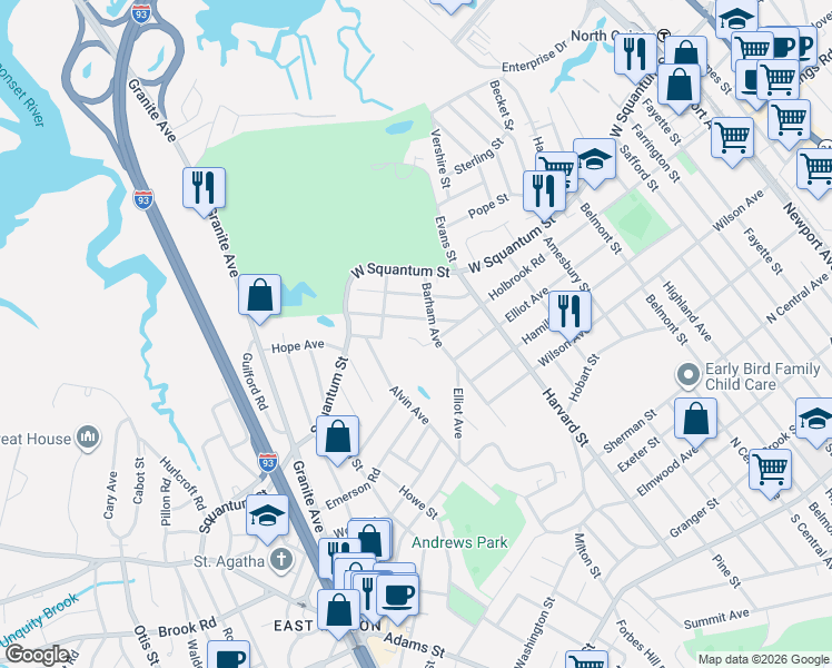 map of restaurants, bars, coffee shops, grocery stores, and more near 45 Barham Avenue in Quincy