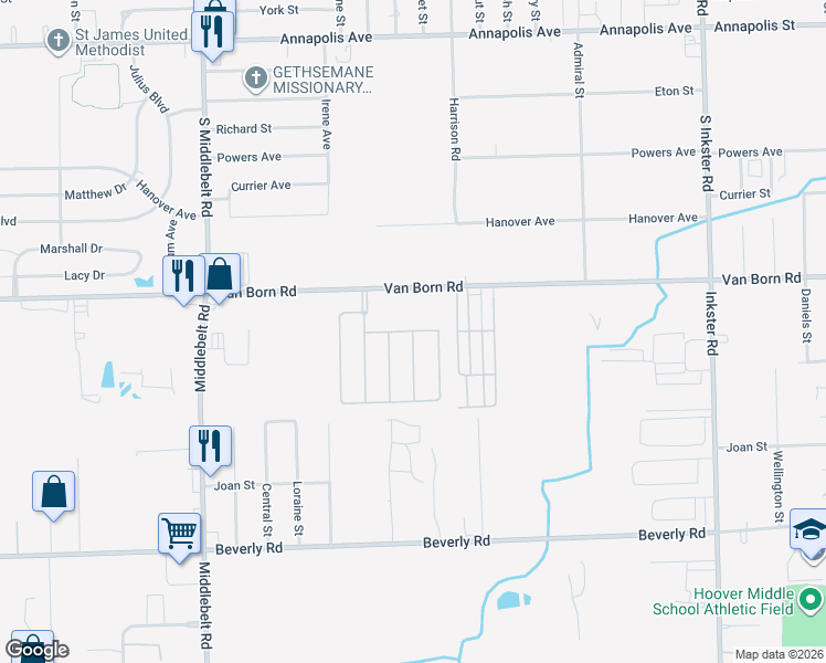 map of restaurants, bars, coffee shops, grocery stores, and more near 5901 East Maple in Romulus
