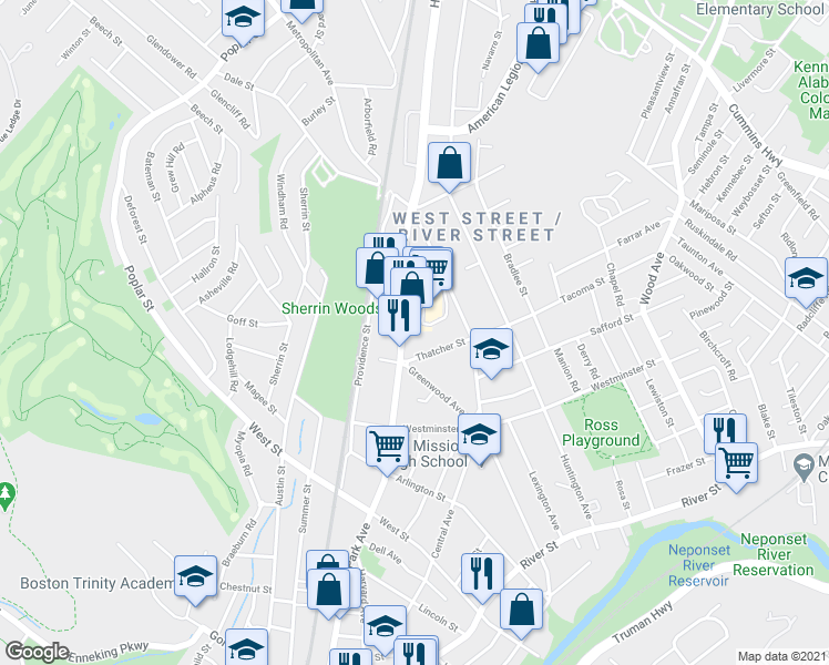 map of restaurants, bars, coffee shops, grocery stores, and more near 957 Hyde Park Avenue in Boston