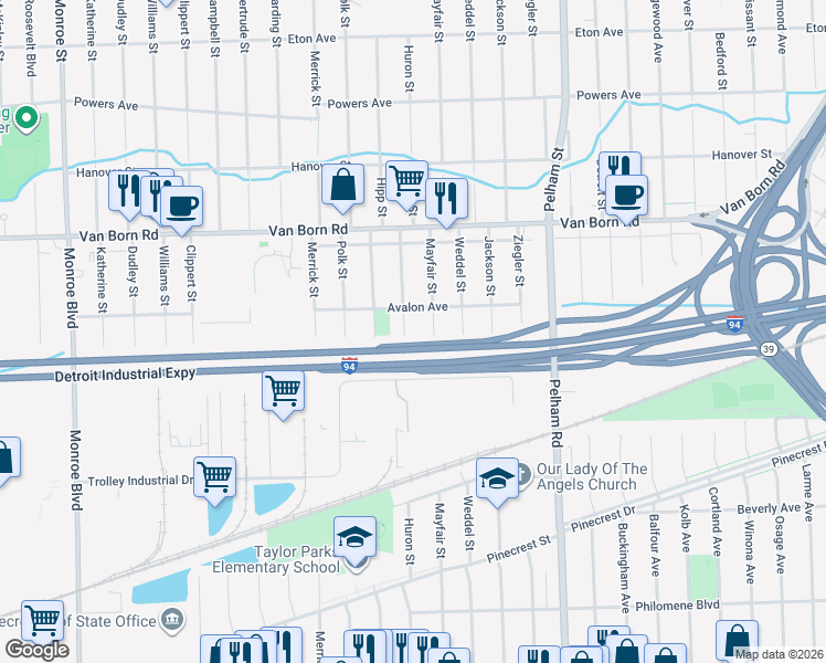 map of restaurants, bars, coffee shops, grocery stores, and more near 6036 Mayfair Street in Taylor