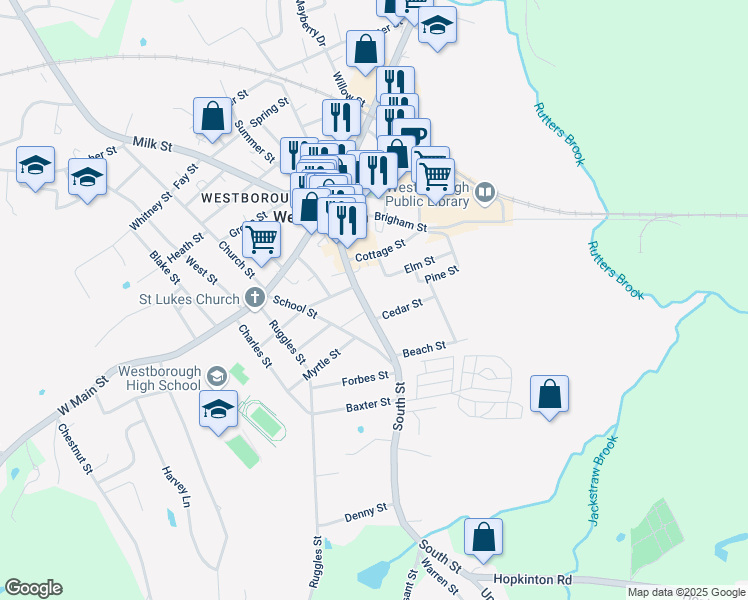 map of restaurants, bars, coffee shops, grocery stores, and more near 60 South Street in Westborough