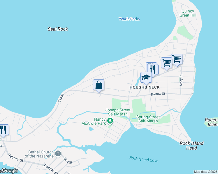 map of restaurants, bars, coffee shops, grocery stores, and more near 54 Lenox Street in Quincy