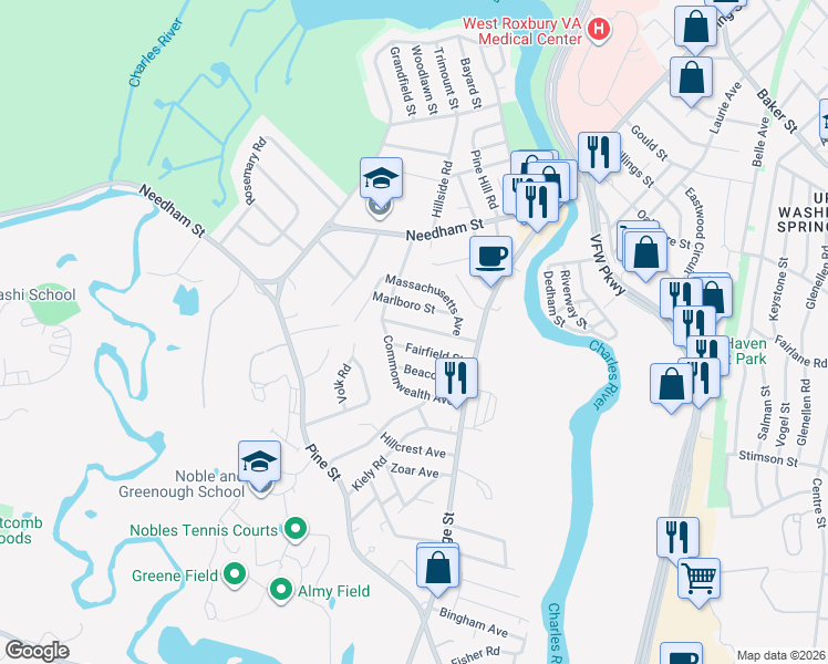map of restaurants, bars, coffee shops, grocery stores, and more near 63 Riverview Street in Dedham