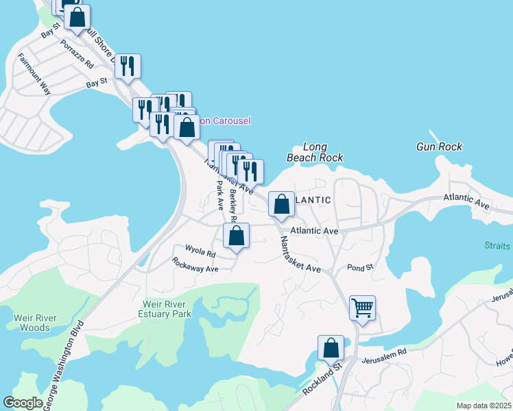 map of restaurants, bars, coffee shops, grocery stores, and more near 121 Nantasket Avenue in Hull
