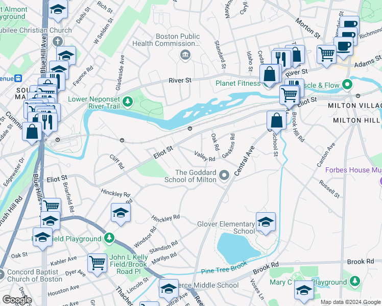 map of restaurants, bars, coffee shops, grocery stores, and more near 7 Valley Road in Milton