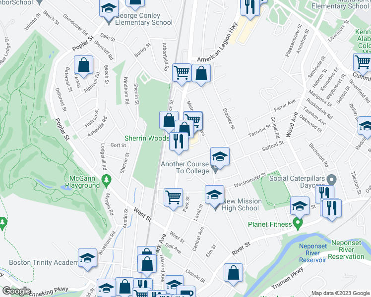 map of restaurants, bars, coffee shops, grocery stores, and more near 957 Hyde Park Avenue in Boston