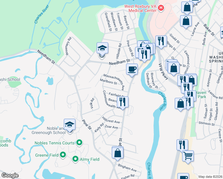 map of restaurants, bars, coffee shops, grocery stores, and more near 63 Riverview Street in Dedham
