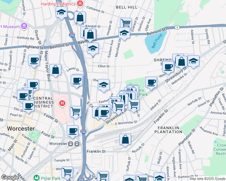map of restaurants, bars, coffee shops, grocery stores, and more near 34 Eastern Avenue in Worcester