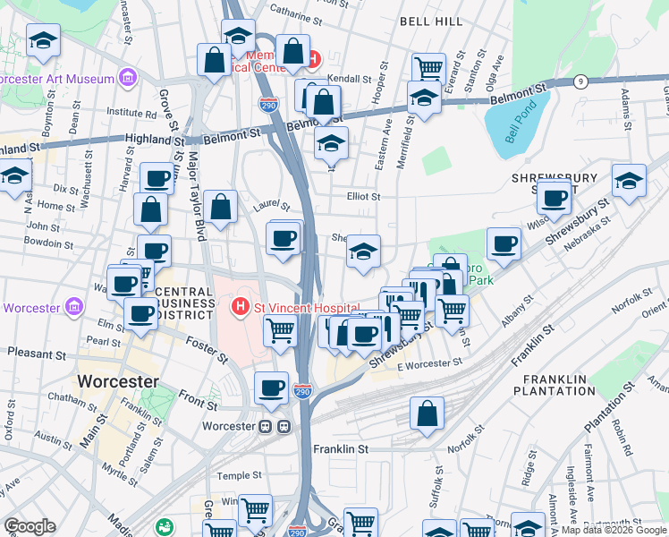 map of restaurants, bars, coffee shops, grocery stores, and more near 1 Normal Street in Worcester