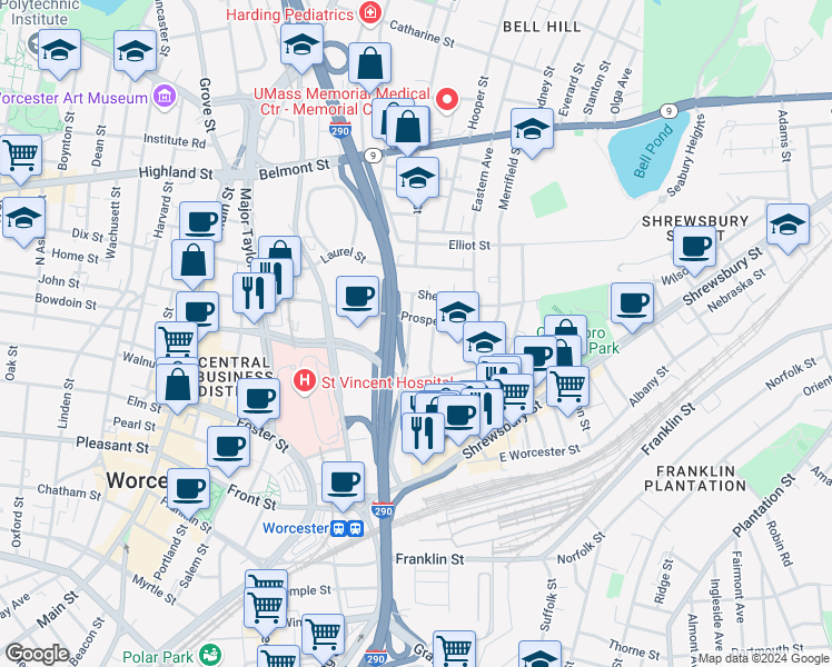 map of restaurants, bars, coffee shops, grocery stores, and more near 53A Prospect Street in Worcester
